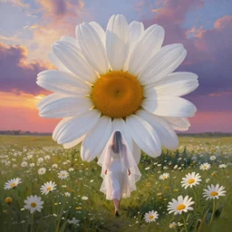 giant white daisy flowers as face, girl with veil walking in a flower field, surreal photography, sunrise, dramatic light, impressionist painting, colorful clouds, digital painting, artstation, simon stalenhag