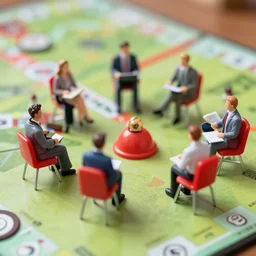 celebrating office workers and red chairs board game macro photo