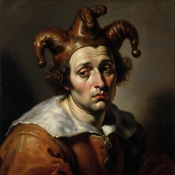 painting of sad jester, oil painting by caravaggio, 1 7 th century, art, oil on canvas, wet - on - wet technique, baroque, realistic, sad emotions, intricate textures, illusionistic detail