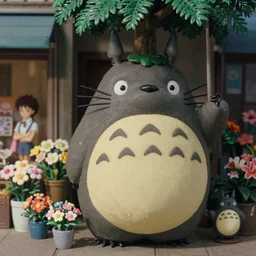 beautiful hyperrealism three point perspective film still of  flower shop totoro climbing yggdrasil scene in Totoro(1988) extreme closeup portrait in style of 1990s frontiers in translucent porclein miniature street photography seinen manga fashion edition, miniature porcelain model, focus on face, eye contact, tilt shift style scene background, soft lighting, Kodak Portra 400, cinematic style, telephoto