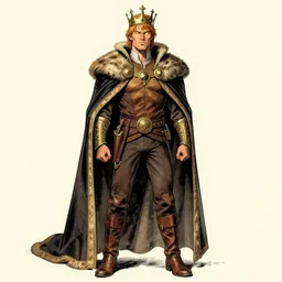 Ian Bohen as a dignified king. Glowing yellow eyes, crown, leather boots. Character design by charlie bowater, ross tran, artgerm, and makoto shinkai, detailed, inked, western comic book art, 2021 award winning painting