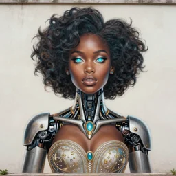 beautiful mural of the young cyborg african girl, piercing glowing eyes, elegant, futuristic royal gown, detailed ornaments, striking composition, highly detailed ornate sci fi background, vogue poses, striking composition, highly detailed ornate sci fi background, vivid details, amalgamation of nature and technology, wires, glowing tubes, beautiful composition, mural in the style of sandro botticelli, caravaggio, albrecth durer, 8k
