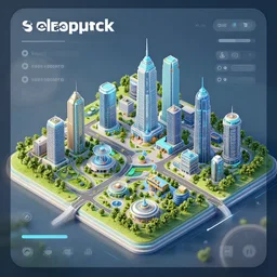 isometric futuristic clockwork interface of solarpunk city plans with futuristic buildings, parks and gardens, designed by apple, gis, 3d, cad ux design, user interface, cgsociety