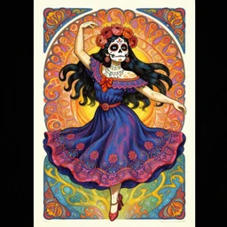 realistic detailed psychedelic poster art of a cute fractal Día de los Muertos girl dancing by Victor Moscoso Rick Griffin Alphonse Mucha Ayami Kojima Amano Charlie Bowater, masterpiece