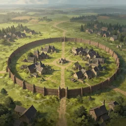 Aerial wide shot of distant huge circular wooden palisade wall surrounding a medieval village, daylight, matte fantasy painting, DeviantArt Artstation, by Jason Felix by Steve Argyle by Tyler Jacobson, cinematic lighting
