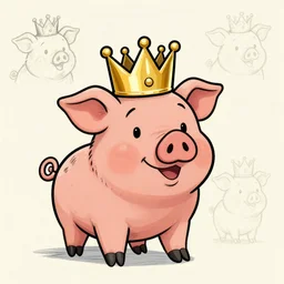 concept sketches of a pig wearing a gold crown by Bill Watterson, in the style of 1970s cartoons