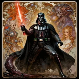 platonic ideal star wars, malignant dieselpunk god complex dementor wild hunt chtulu nazgul mandelbulb fantasy, ego death, detailed, darth vader, action pose!!, intricate, volumetric lighting, hyperrealism, intense, scary, decay, artgerm, davinci, ralph mcquarrie, alphonse mucha, poster,