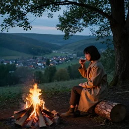 A panoramic photograph of a girl with short black hair in a tan tenchcoat sitting on a log and drinking tea by the campfire at night in a grove, large landscape with a village in the valley, ray tracing cinematic trailer, Jakub Rozalski
