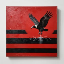 canvas coated with red paint, black stripes, bird flying out of water, vulture, matte paint, alberto seveso