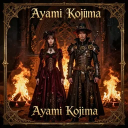 a man and a woman standing next to each other in front of fire, an album cover by ayami kojima, cgsociety, international gothic, steampunk, fantasy, gothic