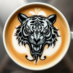 beautiful creative latte art, by barista, eaction diffusion, water, abstract, liquid, swirly, black and white tiger head, skull, by james jean