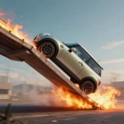a mini cooper ramping over a flaming bridge, digital art