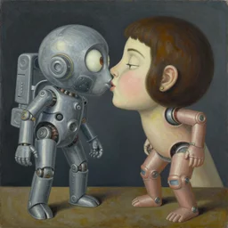Oil painting by Roberto Matta. Strange mechanical beings kissing. Portrait by Takashi Murakami.