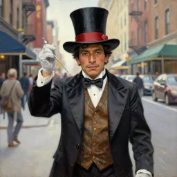 honduran immigrant, dressed as a magician. christopher street, nyc, realistic painting by gaston bussiere, craig mullins, greg rutkowski, alphonse mucha