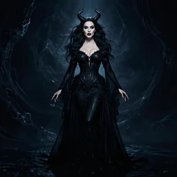 style of kelly mckernan : : gorgeous willa holland : : evil witch, swirling black magic, black dress : : symmetrical face, symmetrical eyes : : full body pose : : gorgeous black hair : : magic lighting, low spacial lighting : :
