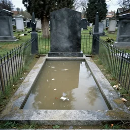 the photograph shows a grave that has been flooded with water. the grave is located in a cemetery in italy. the water in the grave is dirty and there is trash floating in it. the grave is surrounded by a fence. motion blur by paul klee, by h. r. ( hans ruedi ) giger serene