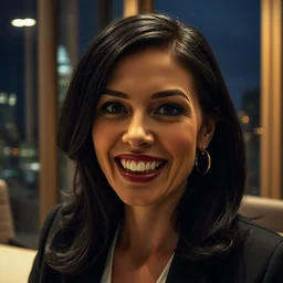 a portrait photograph of a smug woman executive with vampire fangs in a board room, black hair, dof, sharp focus, hissing, pale, highly detailed face, symmetric face, night skyline outside window in background, 4 k, cinestill 8 0 0 t, exif, raw, photography by andreas franke