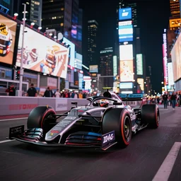 low wide shot of a formula 1 car at a f 1 gran prix in times square in new york city, sports photography, nighttime
