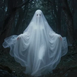 in the style of thomas kinkade, female ghost, flowing dress, symmetrical face, symmetrical eyes, in the woods, moody lighting, dark fantasy