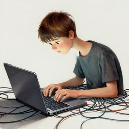 illustration of a boy connected to his laptop with hundreds of wires, highly detailed, cel shading, by butcher billy, cgsociety, mcbess, rutkowski, james jean, 8 k, photorealistic