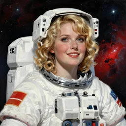 highly detailed portrait of a hopeful pretty astronaut lady with a wavy blonde hair, by August Macke, 4k resolution, nier:automata inspired, bravely default inspired, vibrant but dreary but upflifting red, black and white color scheme!!! ((Space nebula background))