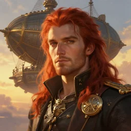 portrait painting of a handsome face rugged long hair crimson hair male captain, top half portrait soft hair steampunk ornate mechanical zeppelin airship in the background sky sunset golden hour fantasy soft hair deviantart book cover art dramatic volumetric lighting art by wlop greg rutkowski gaston bussiere