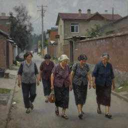 dark oil realistic painting a group of old women is leaving a side street of a communist suburb