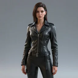a full body portrait of a female wearing a skintight leather jacket, trending on artstation, artstationhd, artstationhq, full body shot, cycles render, octane render, unreal engine, vray, artwork by tooth wu and wlop and beeple and greg rutkowski