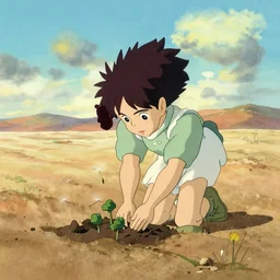 a wholesome animation key shot of nausicaa planting trees alone in the dry parched desert, studio ghibli, pixar and disney animation, sharp, disney concept art watercolor illustration by mandy jurgens and alphonse mucha and alena aenami, pastel color palette, dandelion seed, bloom, dramatic lighting