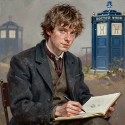 medium - shot oil portrait of vislor turlough played by mark strickson at age 1 8, drawing in a sketchbook, from doctor who series, artstation, highly detailed digital painting, smooth, global illumination, fantasy art by greg rutkowsky, karl spitzweg, leyendecker