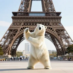 a polar bear dancing by the eiffel tower