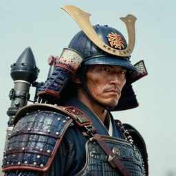a powerful japanese samurai wearing rocket launcher gear, detailed face, face symmetry, character concept portrait by moebius and laurie greasley, profile picture, 8 k, cinematic color grading