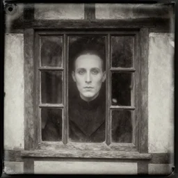 found tintype photograph. a ghost's face in a tudor house window