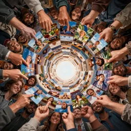 cinematic epic shot, groups of happy humans, hyper realistic, detailed flow of beautiful digital paintings from hands, vortex of large squares and rectangles, text morphing into images, highly detailed, super realistic, perfect lighting pixel sorting, style sheet