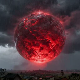 A large sphere of red energy, mist, rain, distant, by greg rutkowski