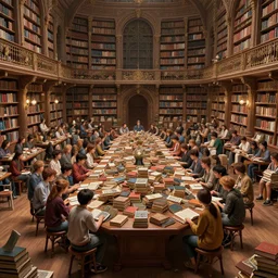 hundreds of students with books in big hall, crowded, full body, sit on table with books, magic library, intricate, elegant, highly detailed, digital painting, artstation, matte, sharp focus, illustration, highly detailed, octane render, excellent composition, by wlop, tooth wu, greg rutkowski, beeple