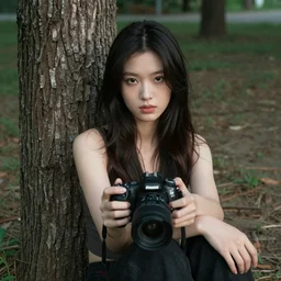 photo of a beautiful, mysterious young woman sitting by a tree, real photo, sharp quality, real camera, extremely detailed, face, eyes, hands, body, dslr, 8 k, wideangle