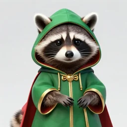 a raccoon in a green, hooded rouge outfit with gold accents holding dagger made of fire, trending on art station