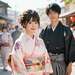 a beautiful fashion big eye taiwan girl wear flashy kimono and a handsome japan boy wear jinbei in festival | | sunny, dreamlike art, mist, realistic shaded, smile, good looking, fine details, 4 k realistic, cryengine, realistic shaded lighting poster by greg rutkowski, magali villeneuve, artgerm, jeremy lipkin and michael garmash and rob rey