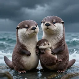 my little everything, happy brave magical cuteness, fantasy otter love, otters holding hands side by side in the stormy sea, he holds her while she sleeps, hyper - realism, 8 k octane render