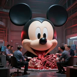 a giant mickey mouse head, factory floor, dissected by a group of network executives, octane render, cgstation, 3 d render, very detailed, mindblowing, blood and guts, gritty, cyberpunk, red and cinematic lighting, hyper realism