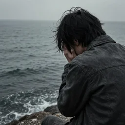 a grim person looking over the to the sea in shame, hyper realistic, detailed shading, realistic water, 4k, HDR, super detailed