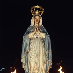 statue of mother mary on fire, grainy vintage photograph