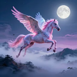 winged horse flying over dreamy mountains, swirling clouds, misty, neon colors, full moon