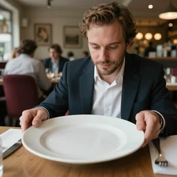 busser in a restaurant declares his undying love to an empty plate, art by dean macadam