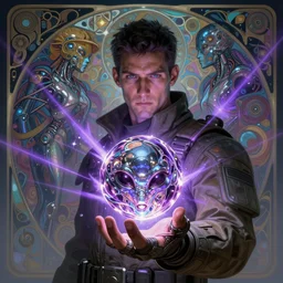 portrait sci-fi art by Greg Rutkowski and Ruan Jia and artgerm and Alphonse Mucha, a glowing alien liquid metal orb floating above the hand of a soldier, solar flares, futuristic environment, detailed and intricate environment, fractal biomech, cyberpunk, neon color, purple bioluminescence, chrome, dramatic lighting, cinematic, high technology, highly detailed portrait, digital painting, artstation, concept art, smooth, sharp focus, ilustration, Artstation HQ