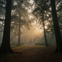 cinematic still of an Ancient forest clearing, dusk, light fog