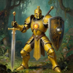 full body, attack position Ciurlionis, Mikalojus Konstantinas painting in lush fantasy environment of a ornate holy mechanical warforged with circular glowing eye, character in yellow armor holding a legendary paladin engraved holy great longsword and carrying a huge heavy paladin shield, vertically flat head, face in focus, epic , trending on ArtStation, masterpiece,  cinematic lighting