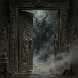 opening of an ancient door with intricate design leading to demon world, painting, high detailed, bleak, fantasy, particles, fog, tintoretto, beksinski, masanori warugai, wlop, wide shot