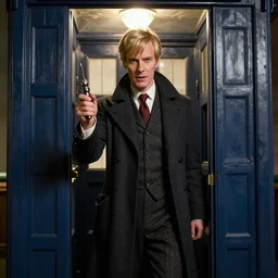 Portrait of The Tenth Doctor stepping out of the Tardis and holding a sonic screwdriver, artstation, high definition, 4k, sharp focus